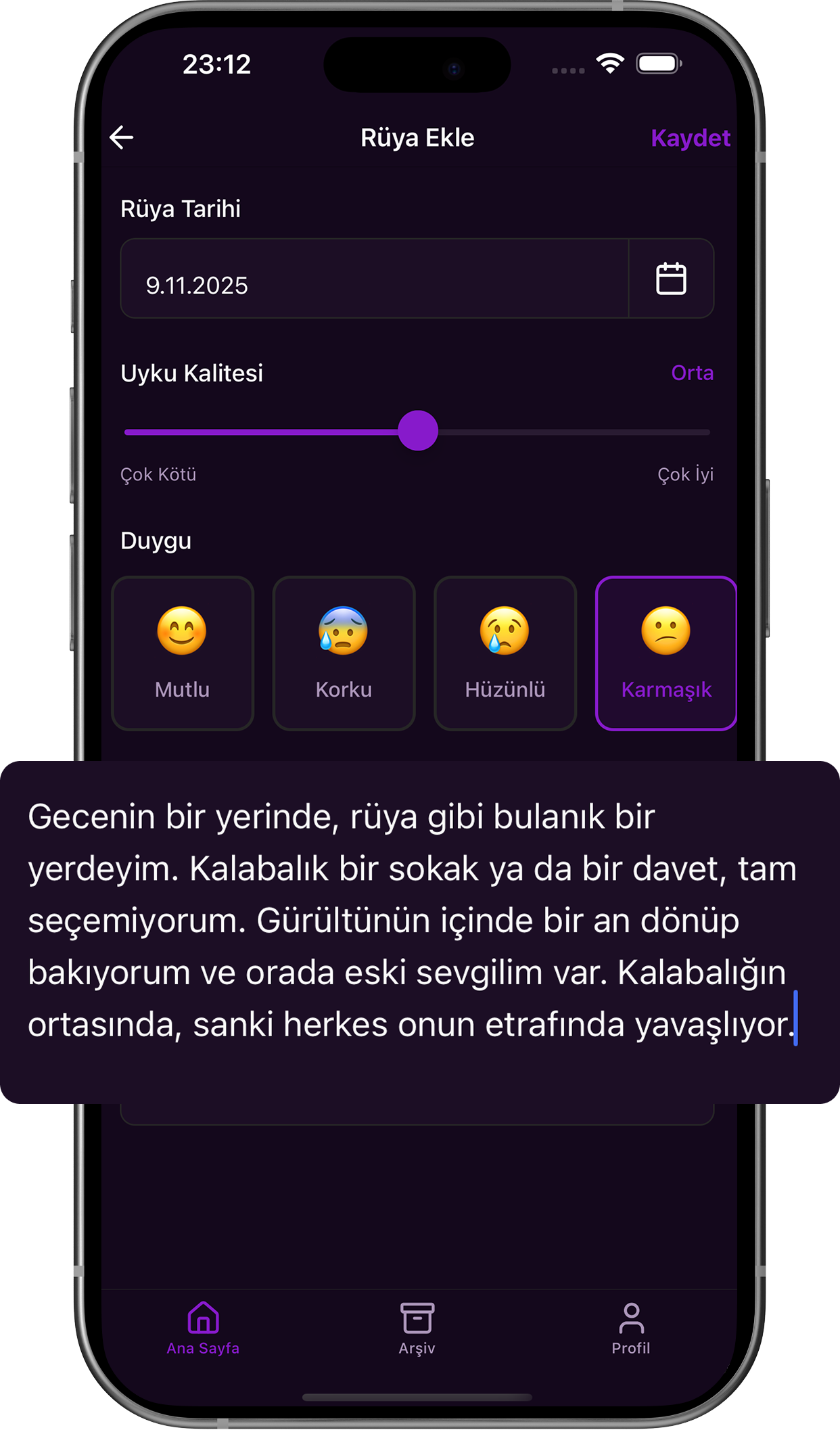 Detaylı ve kişiselleştirilmiş rüya analizi ekranı